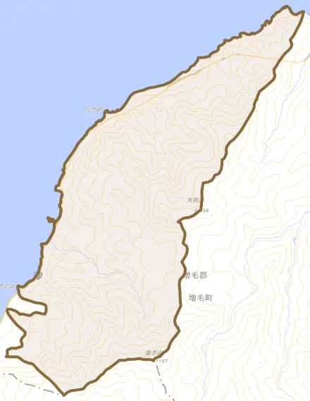岩尾とその周辺の地図。町の範囲を重ねている