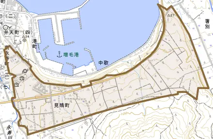 見晴町とその周辺の地図。町の範囲を重ねている