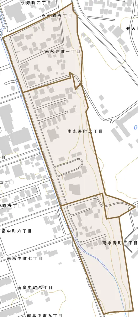 南永寿町とその周辺の地図。町の範囲を重ねている