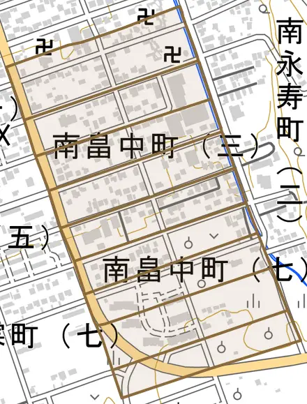 南畠中町とその周辺の地図。町の範囲を重ねている