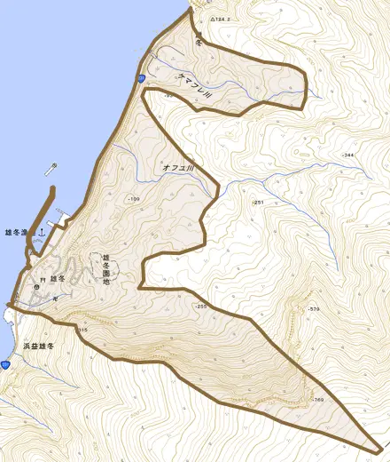 雄冬とその周辺の地図。町の範囲を重ねている
