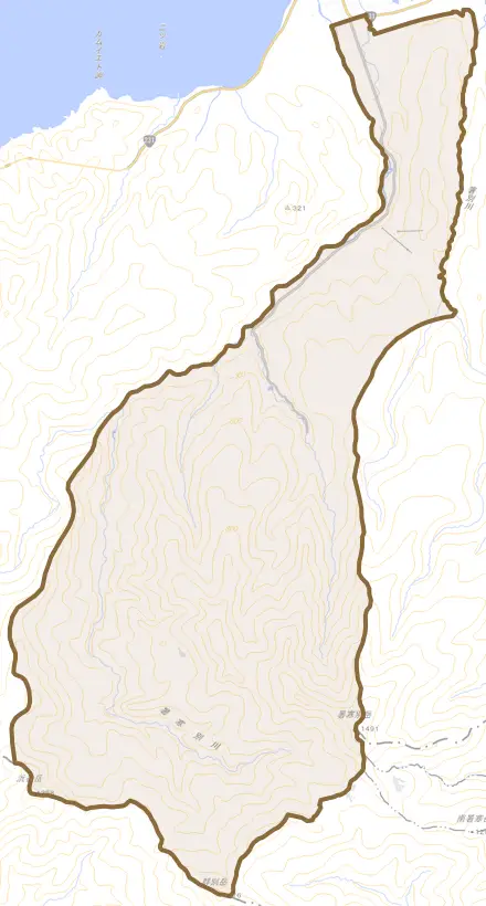 暑寒沢とその周辺の地図。町の範囲を重ねている