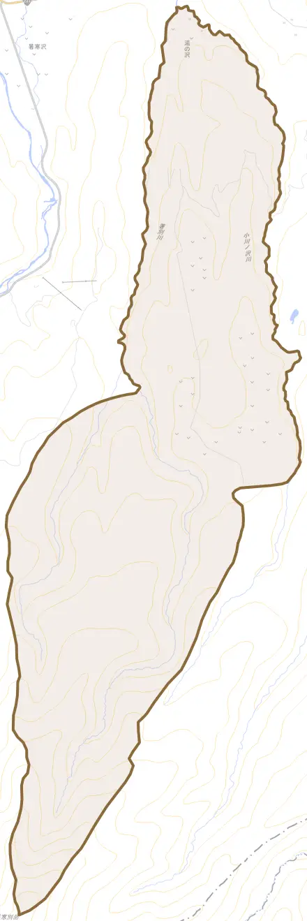 湯の沢とその周辺の地図。町の範囲を重ねている