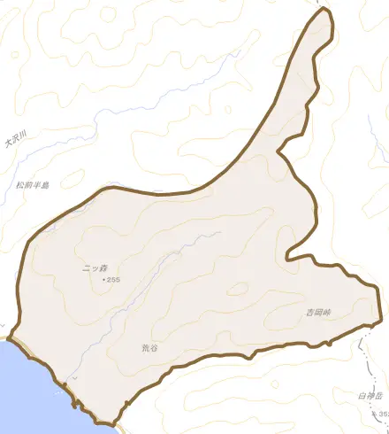 字荒谷とその周辺の地図。町の範囲を重ねている