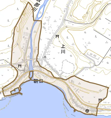 字朝日とその周辺の地図。町の範囲を重ねている