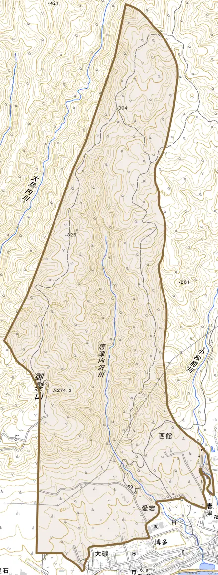 字愛宕とその周辺の地図。町の範囲を重ねている
