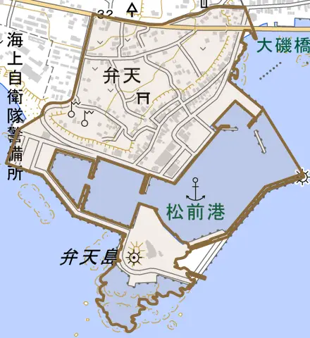 字弁天とその周辺の地図。町の範囲を重ねている
