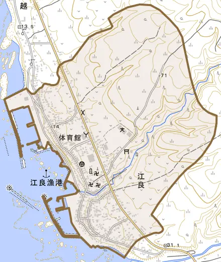 字江良とその周辺の地図。町の範囲を重ねている