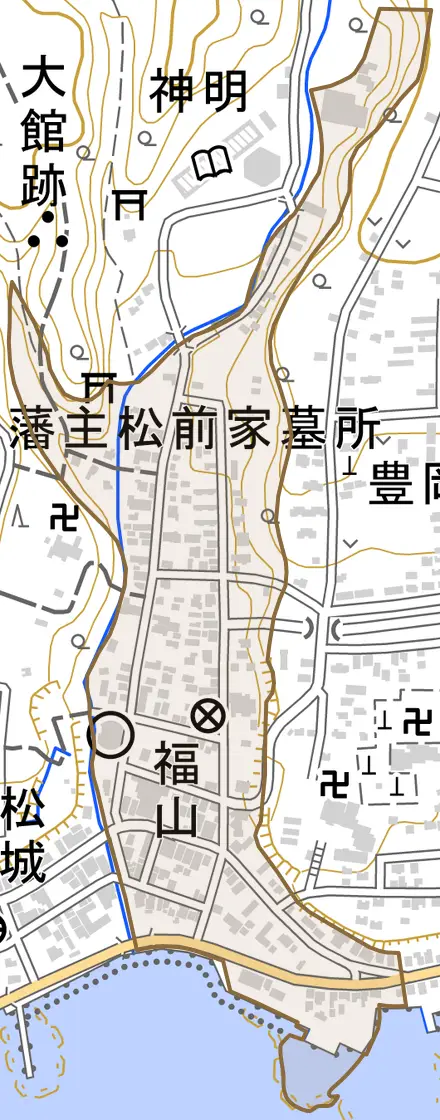 字福山とその周辺の地図。町の範囲を重ねている