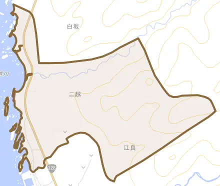 字二越とその周辺の地図。町の範囲を重ねている