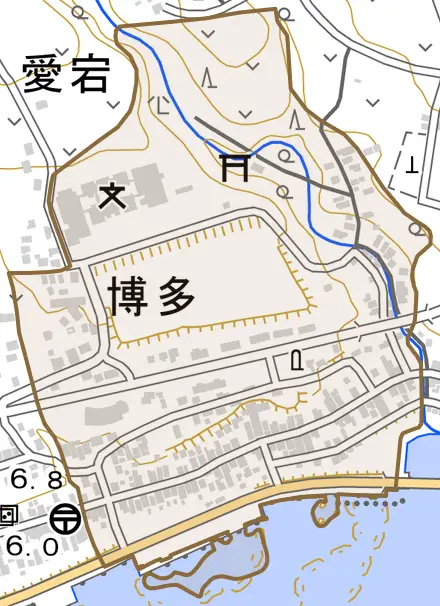 字博多とその周辺の地図。町の範囲を重ねている