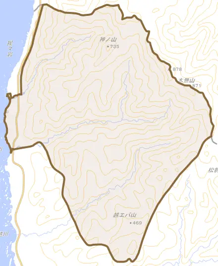 字原口とその周辺の地図。町の範囲を重ねている