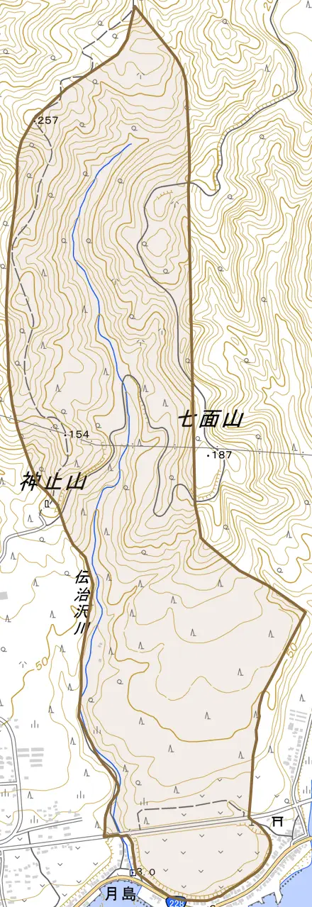 字東山とその周辺の地図。町の範囲を重ねている