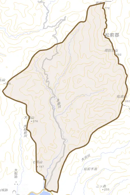 字上川とその周辺の地図。町の範囲を重ねている