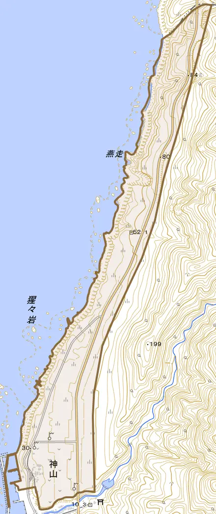 字神山とその周辺の地図。町の範囲を重ねている
