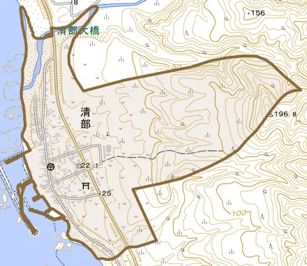 字清部とその周辺の地図。町の範囲を重ねている