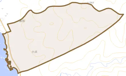 字小浜とその周辺の地図。町の範囲を重ねている