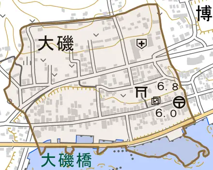 字大磯とその周辺の地図。町の範囲を重ねている