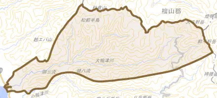 字大津とその周辺の地図。町の範囲を重ねている