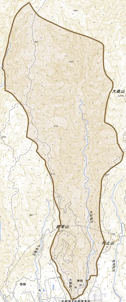 字神明とその周辺の地図。町の範囲を重ねている
