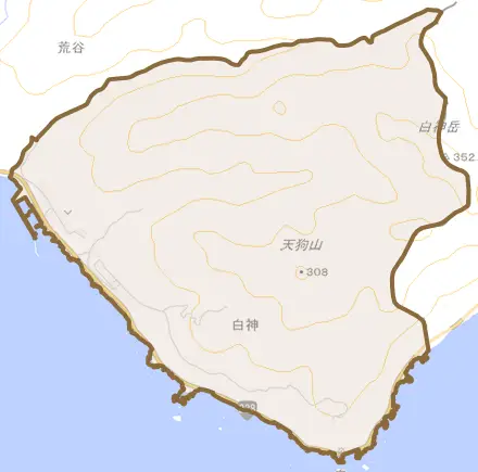 字白神とその周辺の地図。町の範囲を重ねている