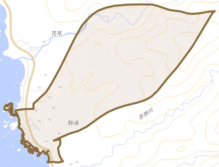 字静浦とその周辺の地図。町の範囲を重ねている