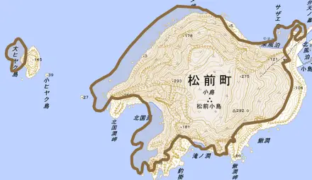 字小島とその周辺の地図。町の範囲を重ねている