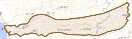 字高野とその周辺の地図。町の範囲を重ねている