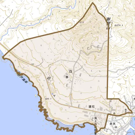 字建石とその周辺の地図。町の範囲を重ねている