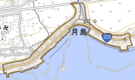 字月島とその周辺の地図。町の範囲を重ねている