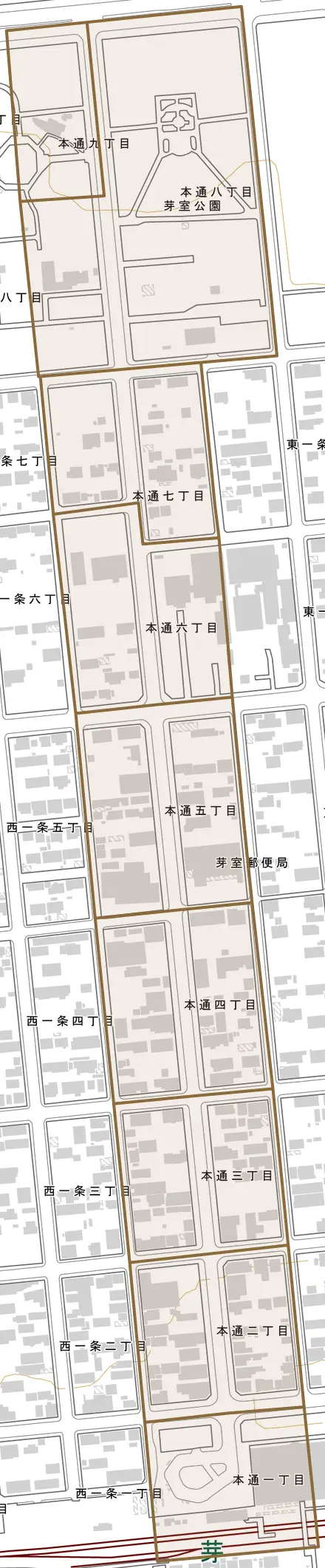 本通とその周辺の地図。町の範囲を重ねている