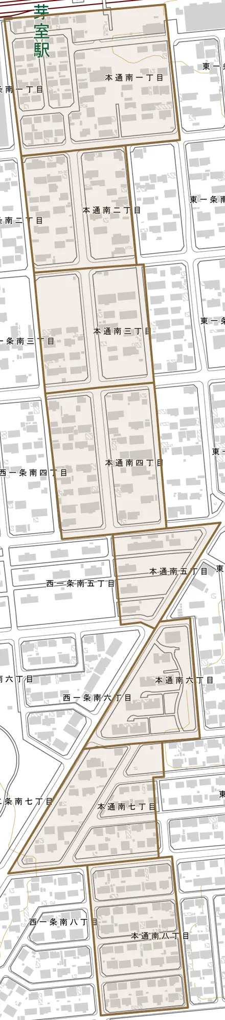 本通南とその周辺の地図。町の範囲を重ねている