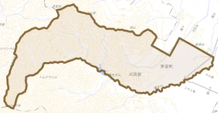 上美生とその周辺の地図。町の範囲を重ねている