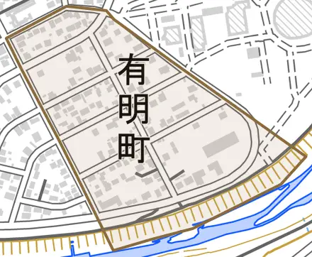 有明町とその周辺の地図。町の範囲を重ねている
