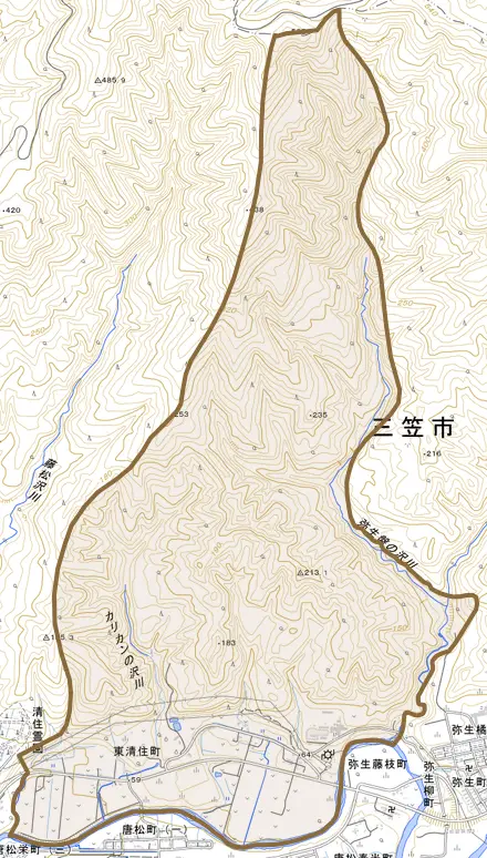 東清住町とその周辺の地図。町の範囲を重ねている