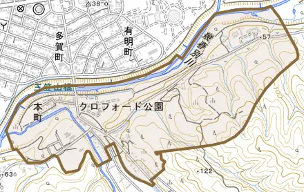本町とその周辺の地図。町の範囲を重ねている