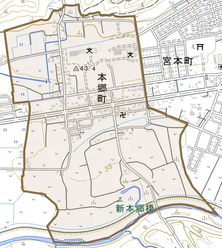 本郷町とその周辺の地図。町の範囲を重ねている