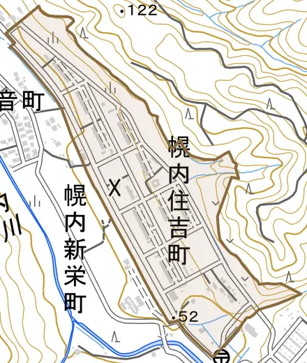 幌内住吉町とその周辺の地図。町の範囲を重ねている