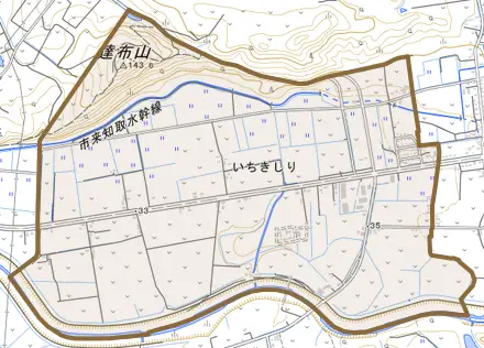 いちきしりとその周辺の地図。町の範囲を重ねている