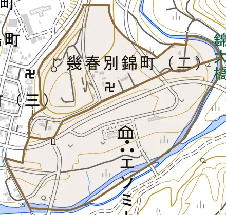 幾春別錦町とその周辺の地図。町の範囲を重ねている