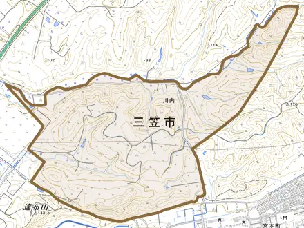 川内とその周辺の地図。町の範囲を重ねている