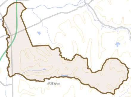 萱野とその周辺の地図。町の範囲を重ねている