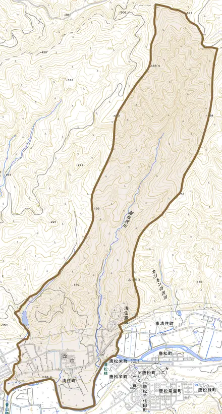 清住町とその周辺の地図。町の範囲を重ねている