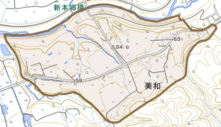 美和とその周辺の地図。町の範囲を重ねている