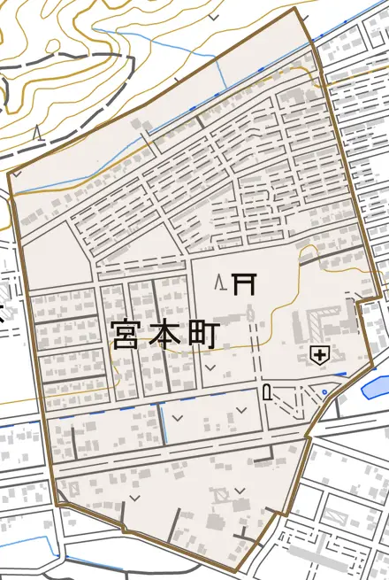 宮本町とその周辺の地図。町の範囲を重ねている