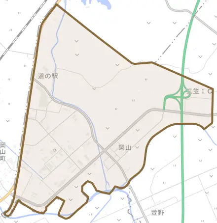 岡山とその周辺の地図。町の範囲を重ねている