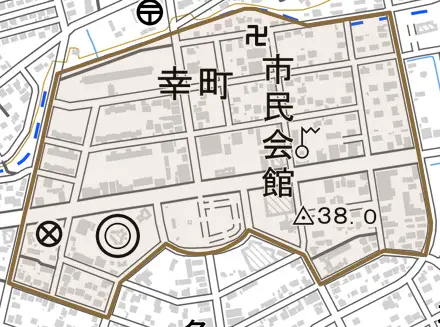 幸町とその周辺の地図。町の範囲を重ねている