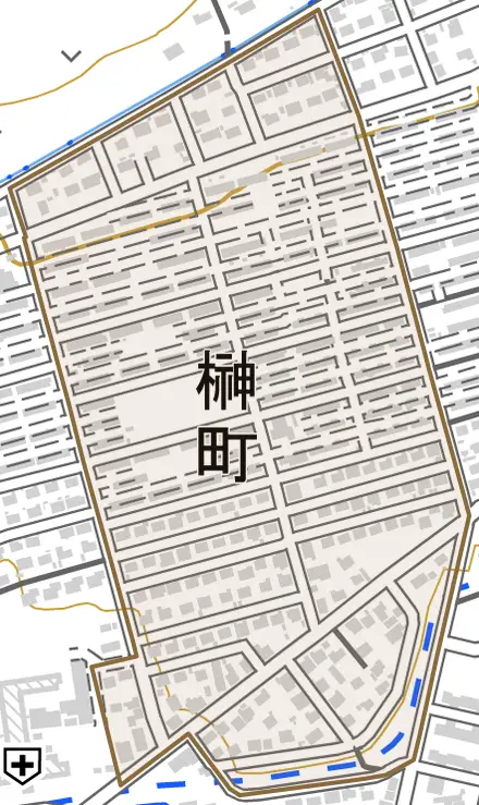 榊町とその周辺の地図。町の範囲を重ねている