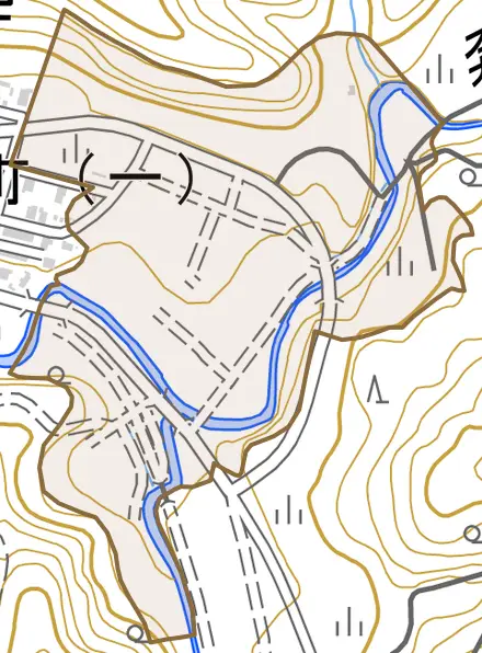 幌内中央町とその周辺の地図。町の範囲を重ねている