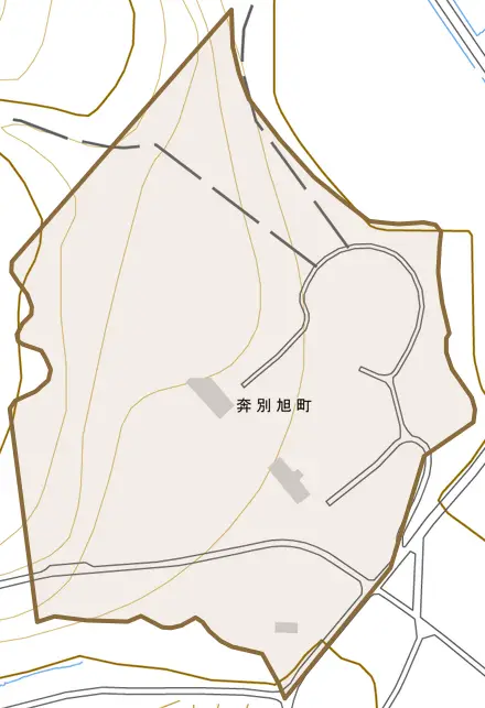 奔別旭町とその周辺の地図。町の範囲を重ねている